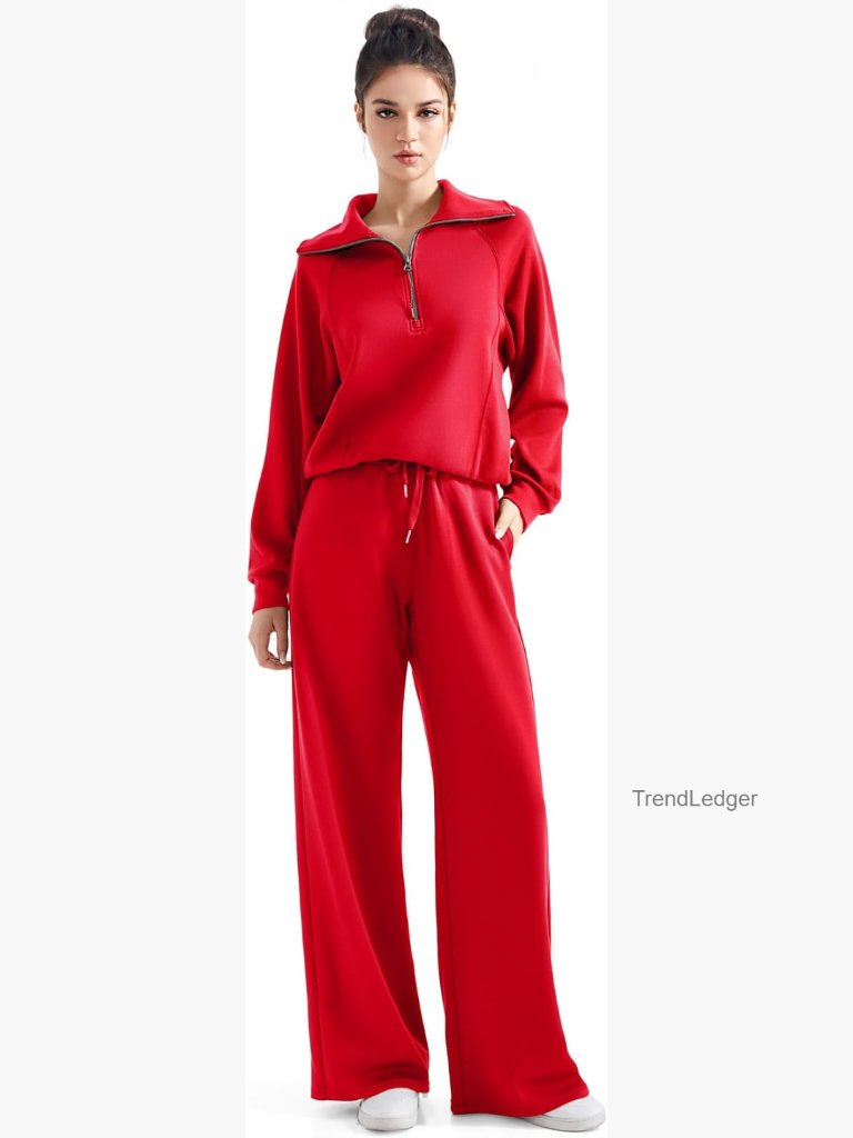 Modal Sweatsuit Set, Wide Leg Pants, Half Zip Sweatshirt, Size Medium